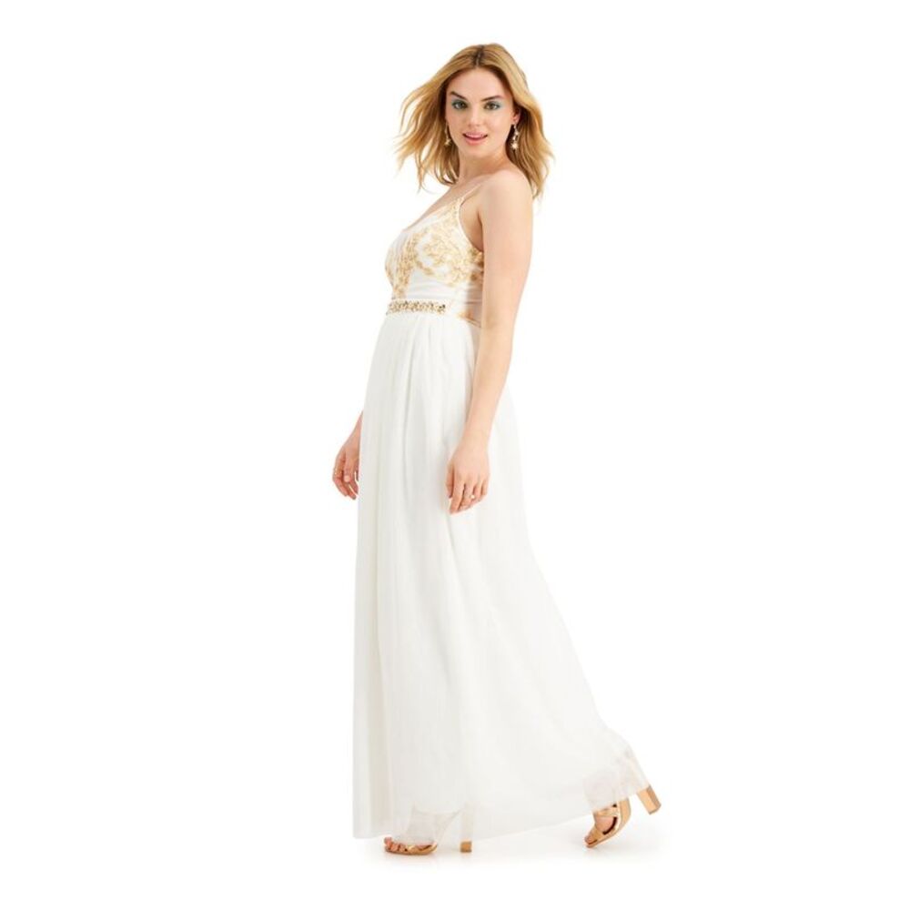 EMERALD SUNDAE Womens Empire Waist Dress Beige Spaghetti Strap Formal Juniors 13 - Picture 3 of 4